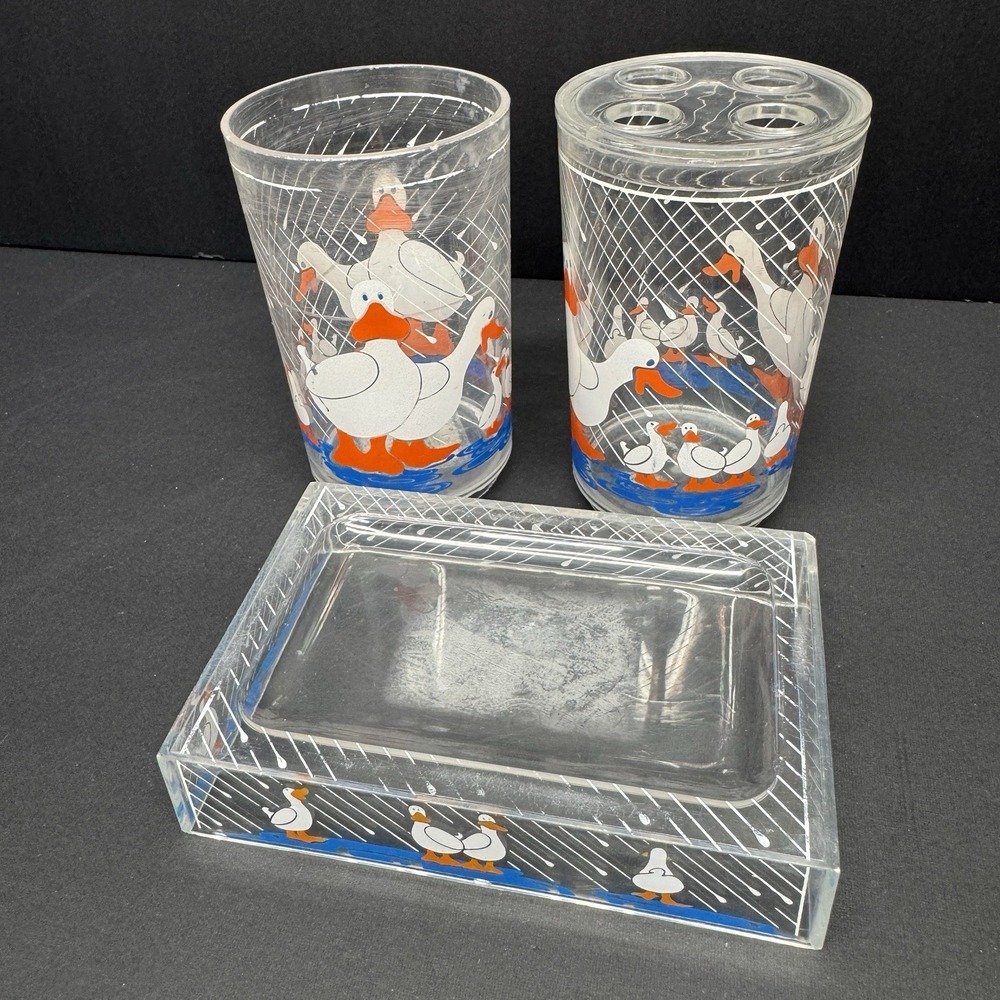 Vintage Acrylic Duck Goose Bathroom Set Soap Dish Toothbrush Holder Clear Cup